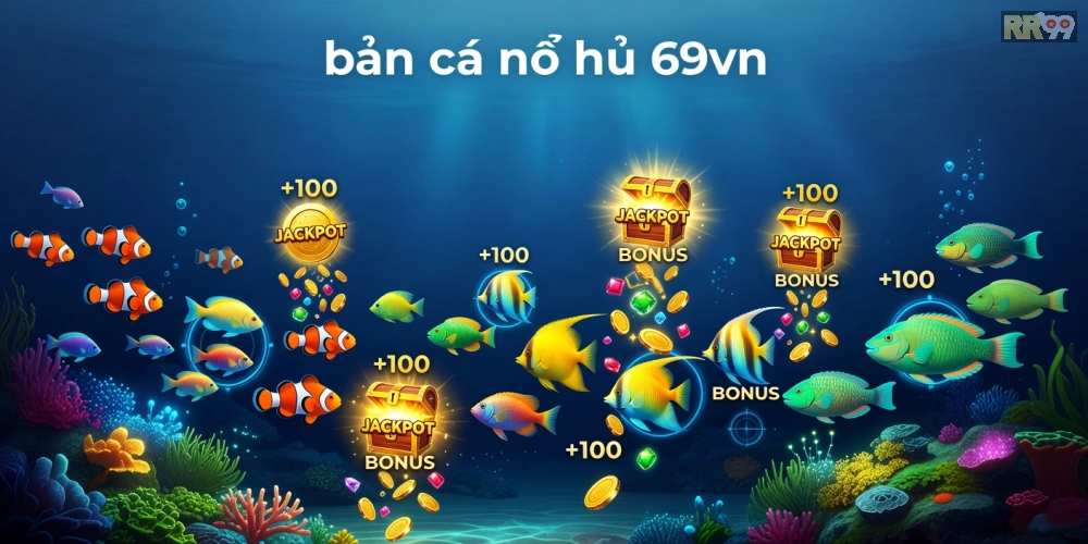 Hình ảnh minh họa trò chơi bắn cá nổ hũ 69vn với đồ họa sống động và jackpot hấp dẫn
